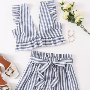Striped Ruffle Trim Crop & Paperbag Belted Set